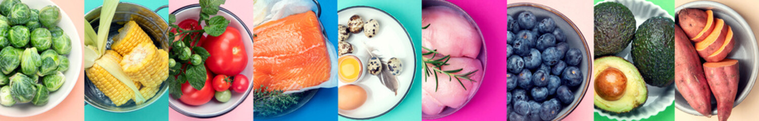 Healthy food selection on color background