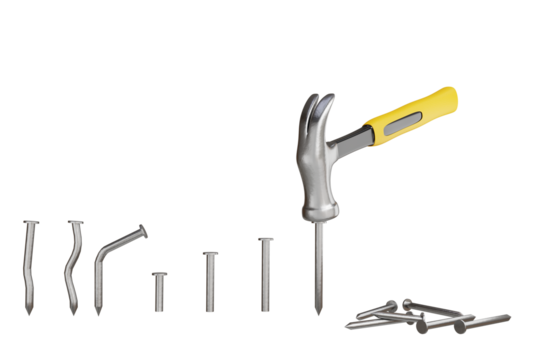 Steel hammer with realistic yellow rubber handle. hammer and nails isolated on white background carpentry concept, repair, house, carpentry industry 3D rendering illustration - Powered by Adobe