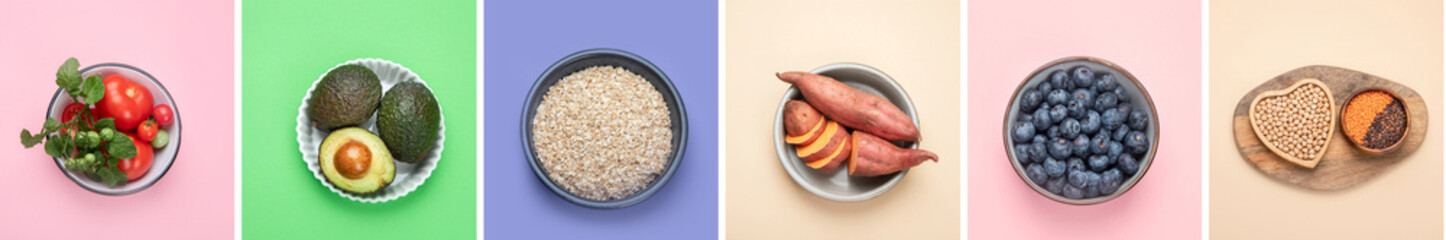 Healthy food selection on color background