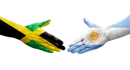 Handshake between Argentina and Jamaica flags painted on hands, isolated transparent image.