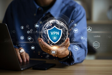 Man hand holding virtual Global Internet connection with  Virtual private network.VPN. Security encrypted connection. Anonymous internet use. Cyber security and privacy connection technology concept.