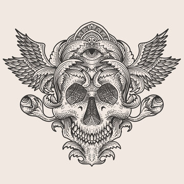 illustration skull head with engraving ornament style