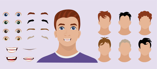 Male face construction with different head parts on grey background