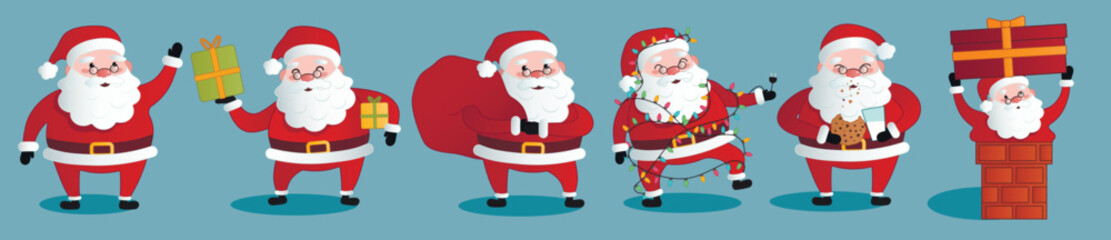 Collage of Santa Claus on blue background