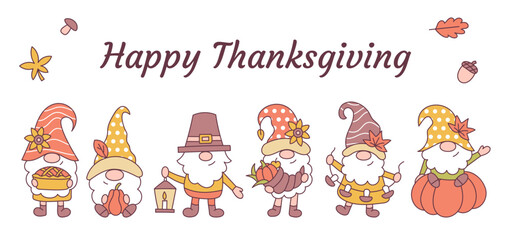 Happy Thanksgiving day. Cute holiday banner or card with little autumn gnomes. Cartoon style. Fall vector illustration.