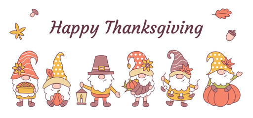 Fototapeta premium Happy Thanksgiving day. Cute holiday banner or card with little autumn gnomes. Cartoon style. Fall vector illustration.