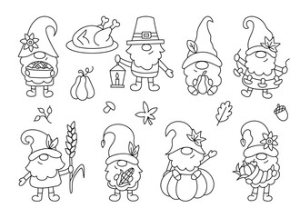 Cute Thanksgiving day clipart. Funny autumn gnomes. Doodle style. Outline vector illustration.