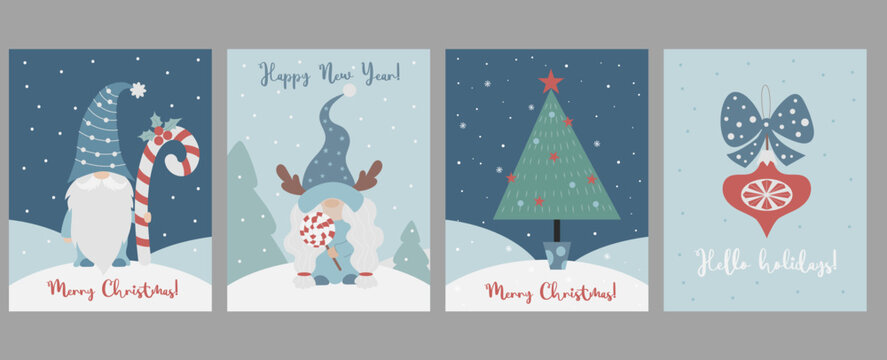 Collection Christmas cards with scandinavian gnomes. Cute Cartoon gnome girl with lollipop and New Years gnome with caramel stick and Christmas tree, toy on snowy background. Vector illustration