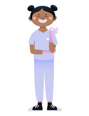 Happy female dentist showing OK on white background