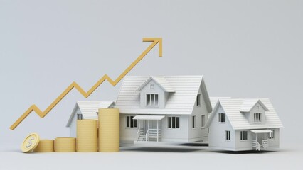 Real estate property investment or insurance. Home mortgage loan rate. Saving money for retirement concept. Coin stack on banknotes with color house model with calculator. 3d rendering illustration	
