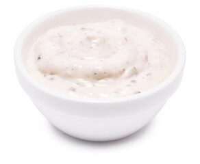 tartar creamy sauce in white ceramic bowl isolated on white background