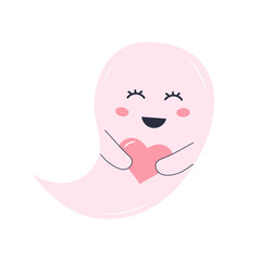 Cute pink ghost with a heart. Halloween character isolated on white background.