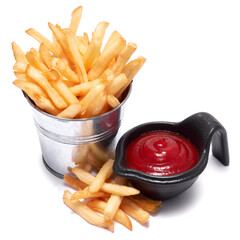 French fries potatoes in stylized metallic bucket isolated on white background