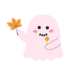 Cute pink ghost with lollipop and autumn leaf. Halloween character isolated on white background.