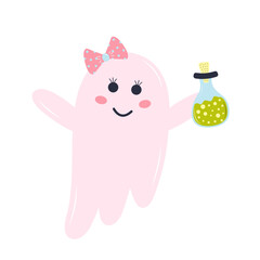 Cute pink ghost with a bottle of potion and hair bow. Halloween character isolated on white background.
