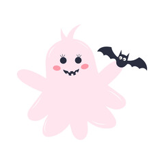 Cute pink ghost with a bat. Halloween character isolated on white background.