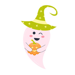 Cute pink ghost in a hat with a pumpkin. Halloween character isolated on white background.