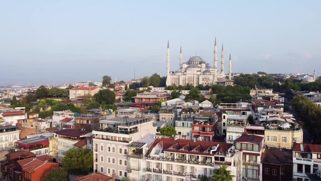 Istanbul skyline and majestic Blue Mosque, aerial drone view