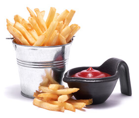 French fries potatoes in stylized metallic bucket isolated on white background