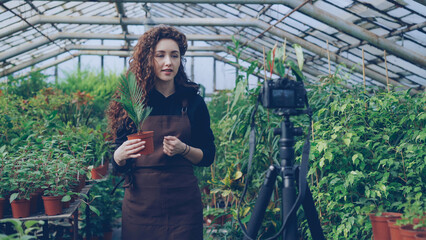 Professional female gardener is recording tutorial about gardening with camera standing inside...