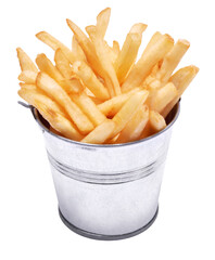 French fries potatoes in stylized metallic bucket isolated on white background