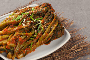 
Kimchi made with mustard leaves and stems.