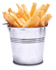 French fries potatoes in stylized metallic bucket isolated on white background