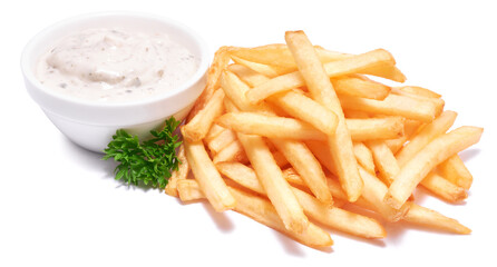 French fries potatoes and dip sauce isolated on white background