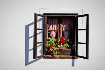 Closeup of window on white wall decorated with flowers