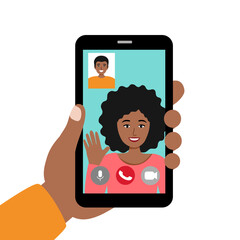 Man and woman make a video call concept vector illustration. Long distance relationship between friends, loving couple or marriage husband and wife. Online talk on smartphone via internet.