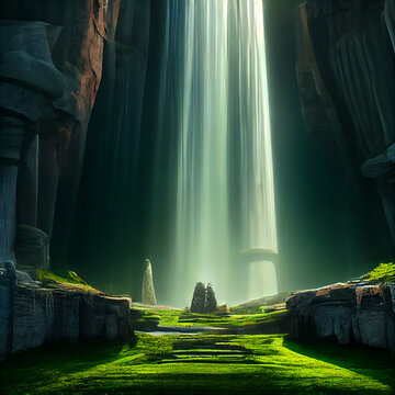 Waterfall, Green, Moss, Vibrant, Hobbit Civilization, Digital Illustration