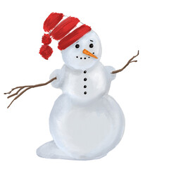 Illustration of a cute snowman wearing a striped red hat. illustration of a friendly snowman isolated on transparent background