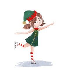 Illustration of a cute skating elf girl in a green and red outfit and a pointy hat.  cute Christmas elf in Santa's workshop