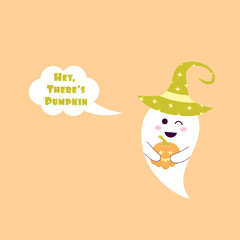 Cute ghost in a halloween hat with pumpkin and speech bubble. Hey, there is pumpkin.