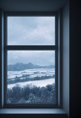 Winter scene from out a window, Snowy view from windowsill