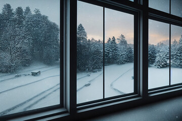 Fototapeta na wymiar Winter scene from out a window, Snowy view from windowsill