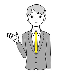 案内するビジネスマン スーツを着た男性 正面 片手をあげる 案内 上半身