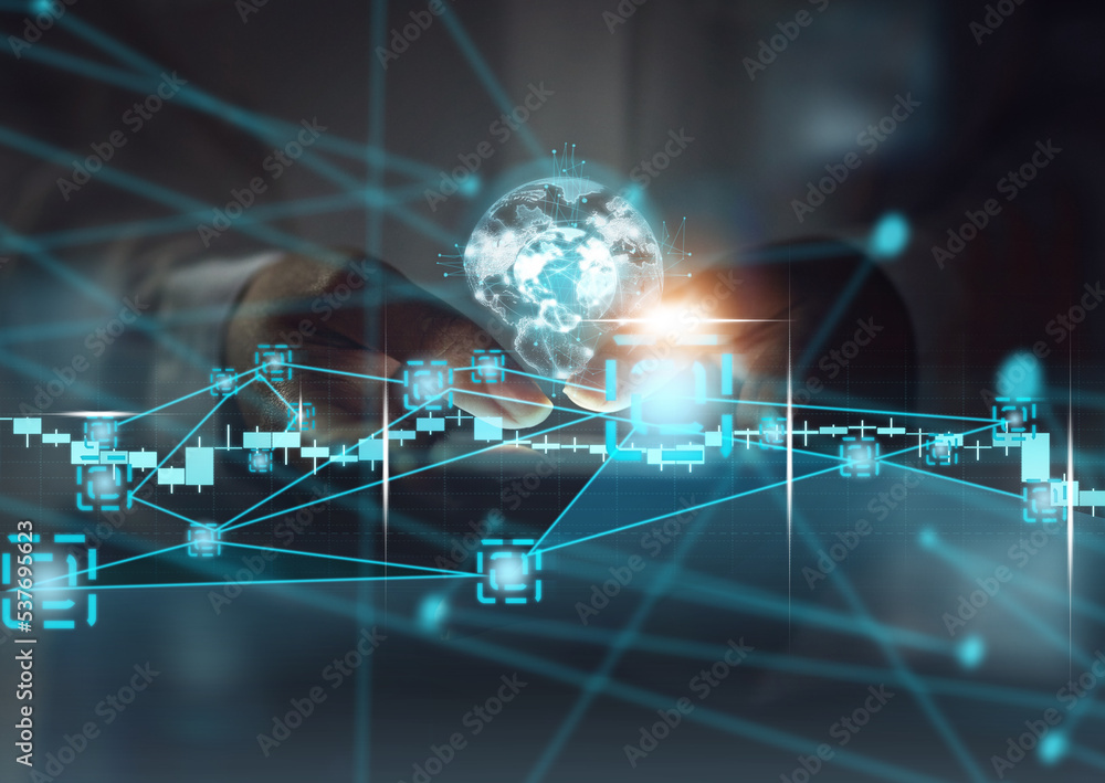 Poster networking, digital transformation and phone with hands of woman for global internet, communication 