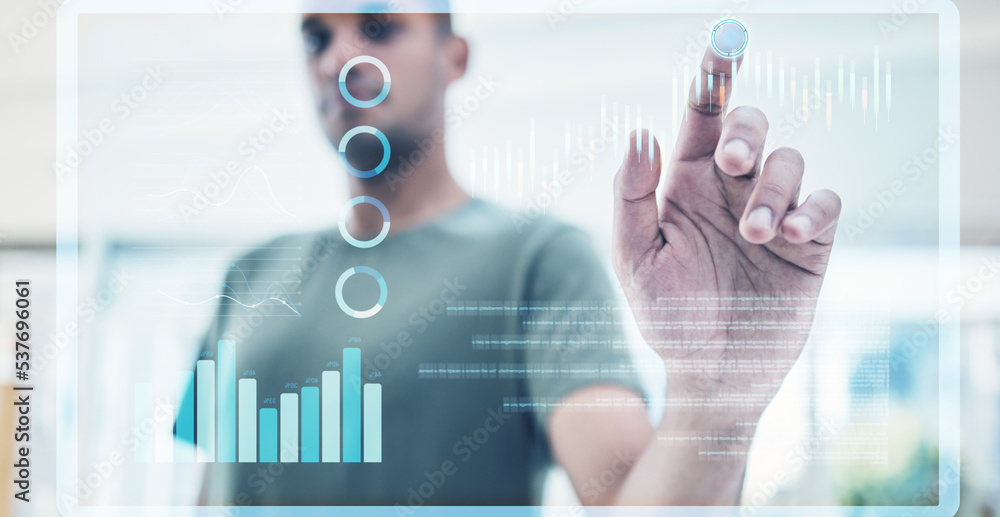 Poster 3D futuristic hologram screen with hand with graph and chart technology for digital marketing. Icon with future cyber cloud computing, digital transformation and internet iot network on web or ai