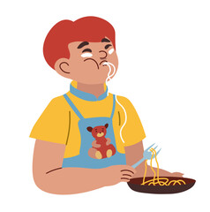 Kid eating noodles or pasta, breakfast or lunch
