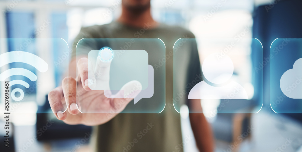 Fototapete Hand, future and app hologram in digital innovation for business technology at the office. Hands pointing to futuristic virtual screen with icon applications for communication and social networking