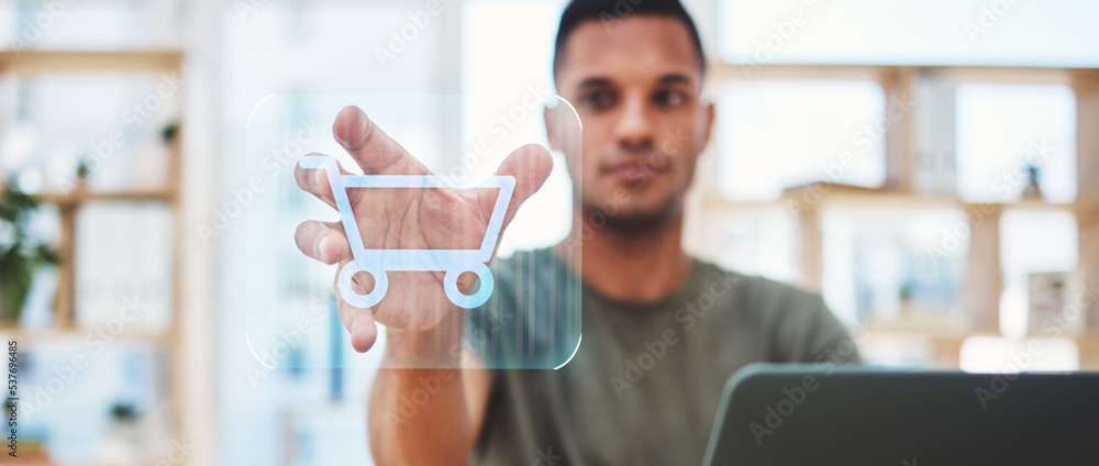 Poster man online shopping cart, hologram and ecommerce tech connection, grocery network and fintech digita