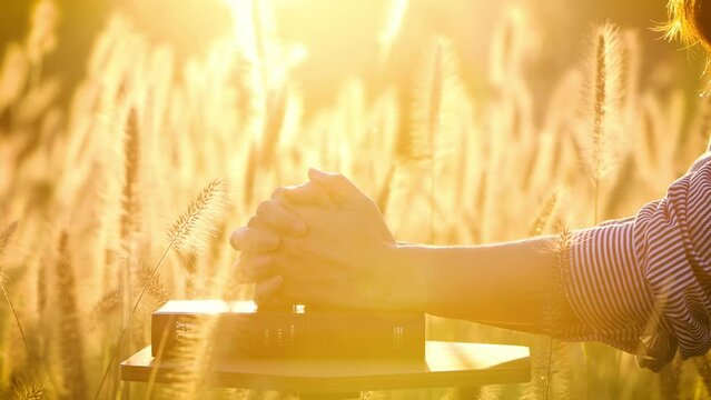 A Christian praying with his hands together on the holy bible on Thanksgiving Day and the sunset scenery of reeds and barley fields swaying in the autumn sunlight and wind
