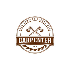 Woodwork carpenter and axe vintage logo with illustration design, carpenter logo design with hammer and circular saw or blade, carpenter logo emblem badge vintage with vector sawmill. Retro; Vintage; 