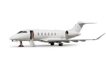 White luxury corporate aircraft with an opened gangway door isolated on transparent background