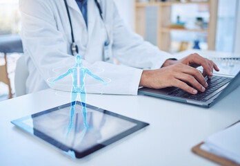 Doctor typing, laptop and tablet hologram, futuristic body graphic or ai. Health, healthcare and man with future cyber tech, pc or computer working on research on digital, 3d or holographic gadget.