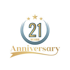 Obraz premium 21 Year Anniversary Vector Template Design Illustration. Gold And Blue color design with ribbon