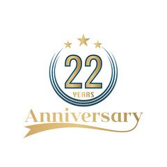 22 Year Anniversary Vector Template Design Illustration. Gold And Blue color design with ribbon