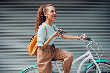 Bike, woman and with phone in city with bicycle talk while outdoor in summer with fresh, edgy and...