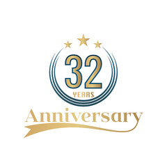 32 Year Anniversary Vector Template Design Illustration. Gold And Blue color design with ribbon